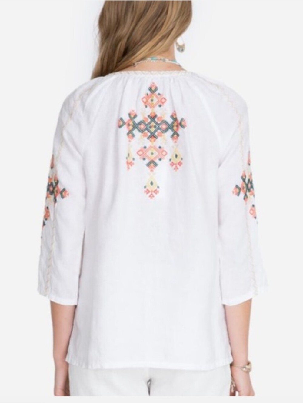 NWT Johnny Was White Linen Tunic with Embroidery Large Chandra Peasant - Picture 5 of 5